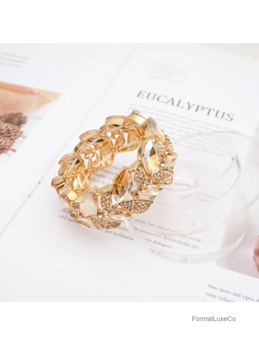Art Deco Leaf Stretch Bangle Bracelet Austrian Crystal Rhinestone Party Prom